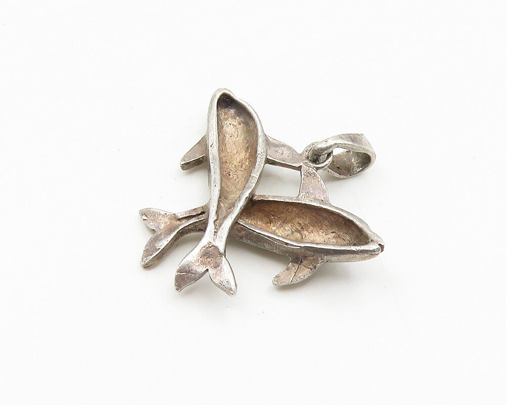 925 Sterling Silver  Vintage Diamond Cut Detail Dolphins Pendant  PT14790