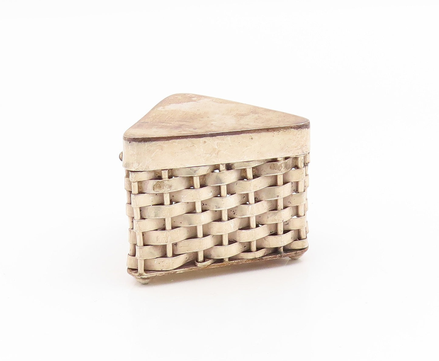 925 Sterling Silver Vintage Trinket Box MEXICO Triangular Basketweave  TR4221