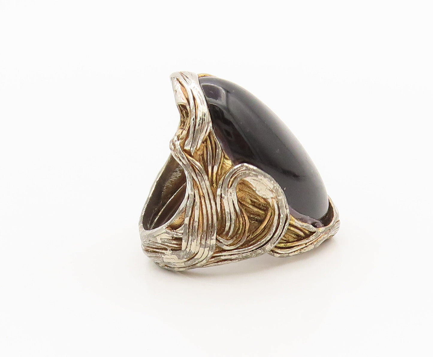 925 Silver Vintage Gold Plated Carved Swirly Lines Onyx Ring Sz 7.75  RG26824