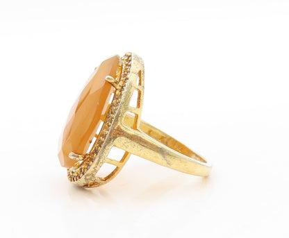 925 Sterling Silver Vintage Ring Gold Plated CZ & Gemstone Inlay  Sz 7.5 RG31059