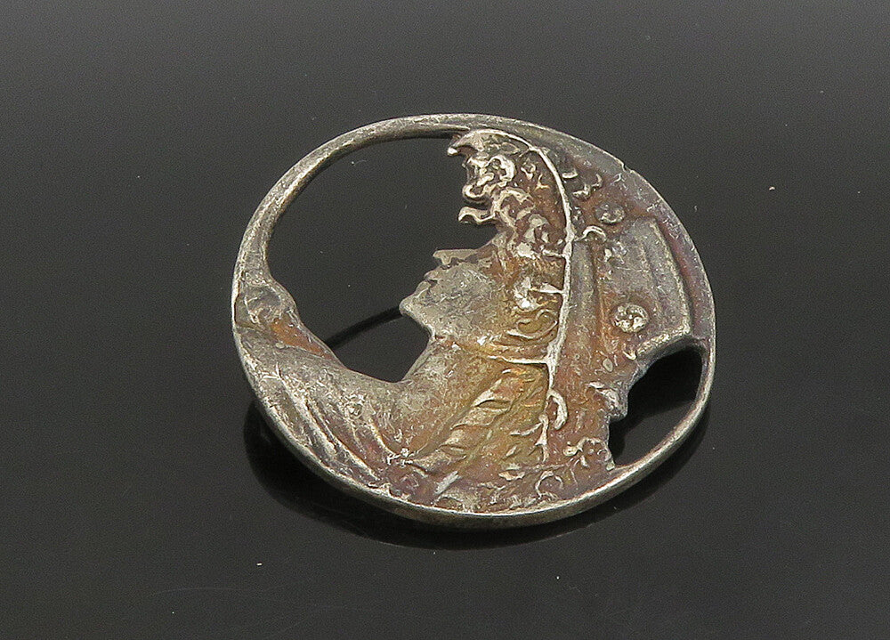 925 Sterling Silver  Vintage Oxidized Woman With Floral Hat Pendant  PT19253
