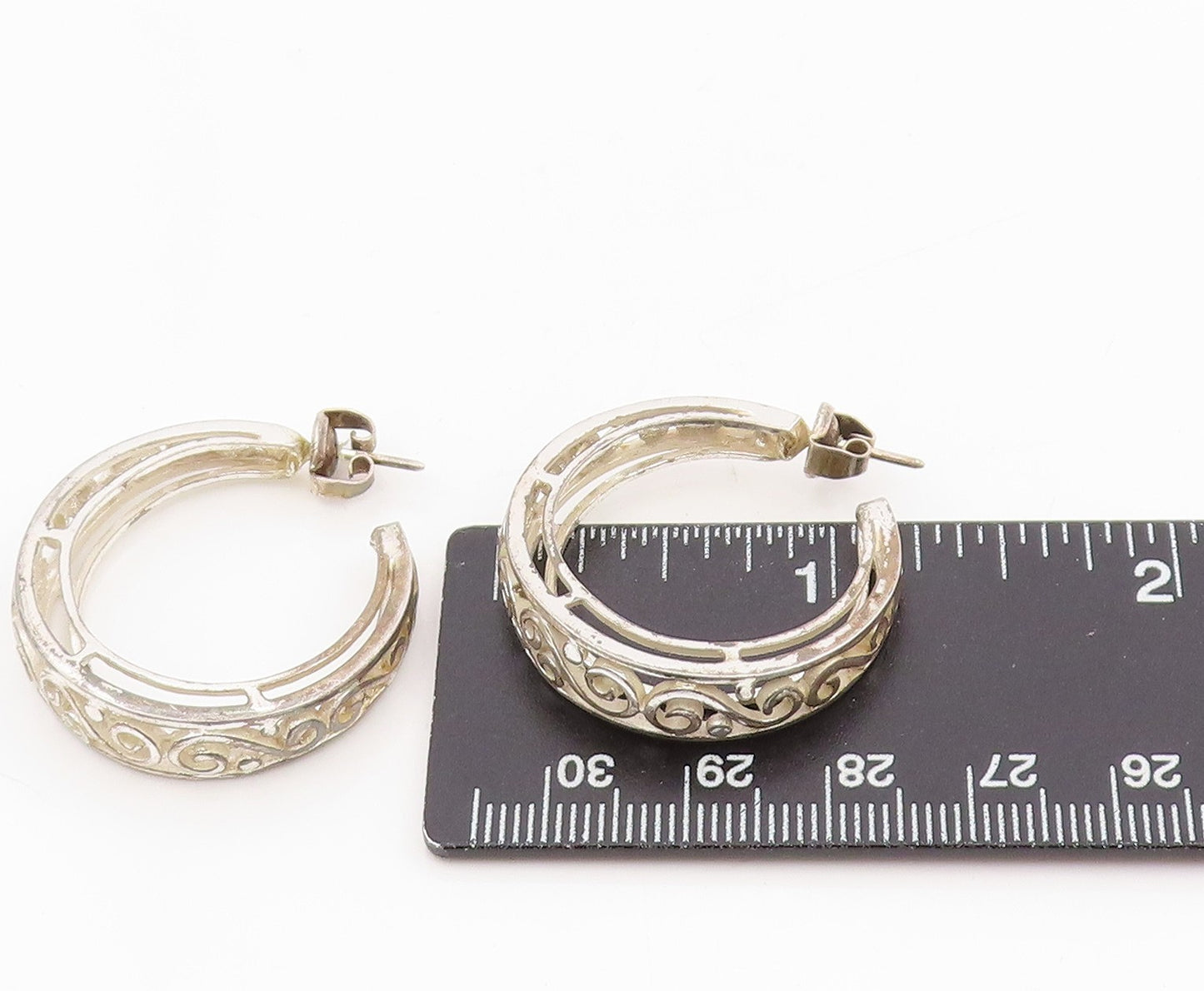 925 Sterling Silver Vintage Earrings Classic Intricate Scrollwork Hoops  EG13808