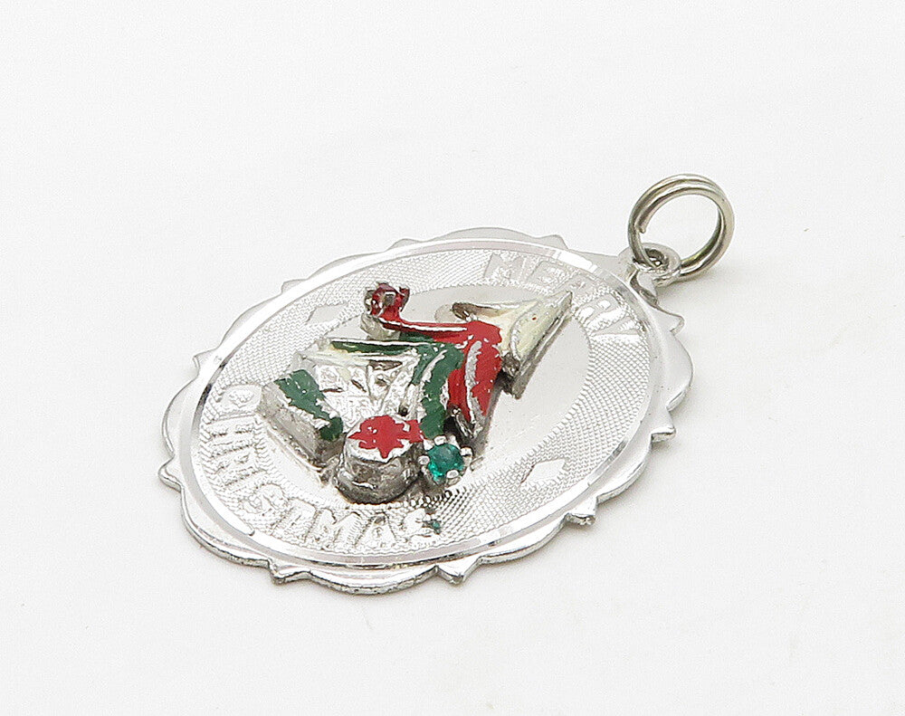 925 Sterling Silver  Vintage Petite Red Topaz Merry Christmas Pendant  PT12667