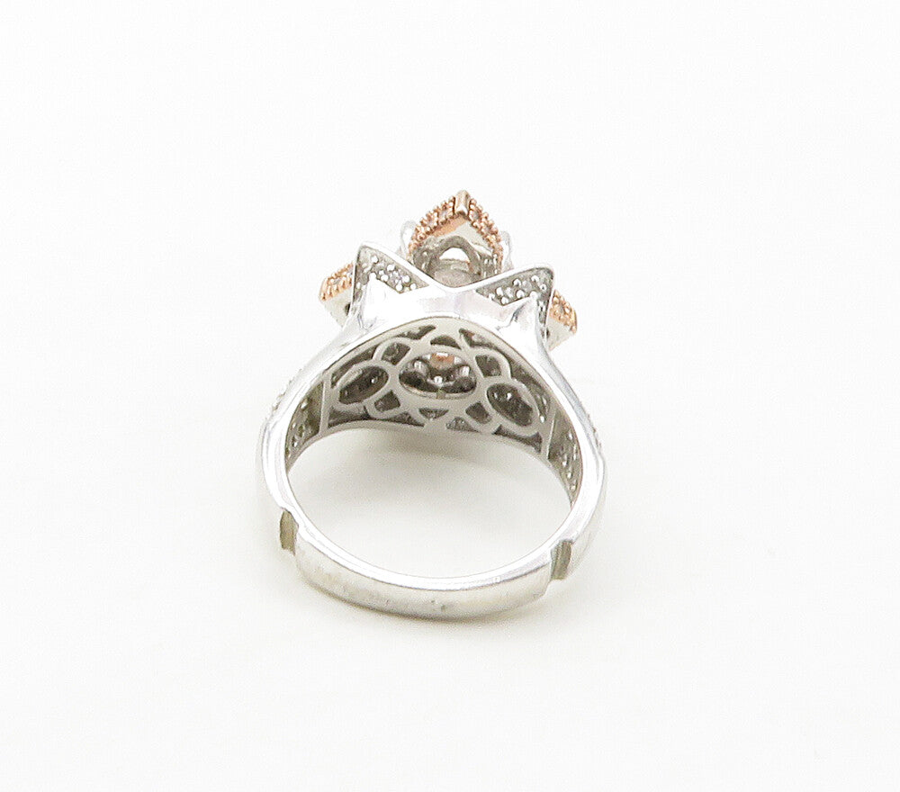 925 Sterling Silver  Topaz Two Tone Flower Motif Cocktail Ring Sz 6  RG16765
