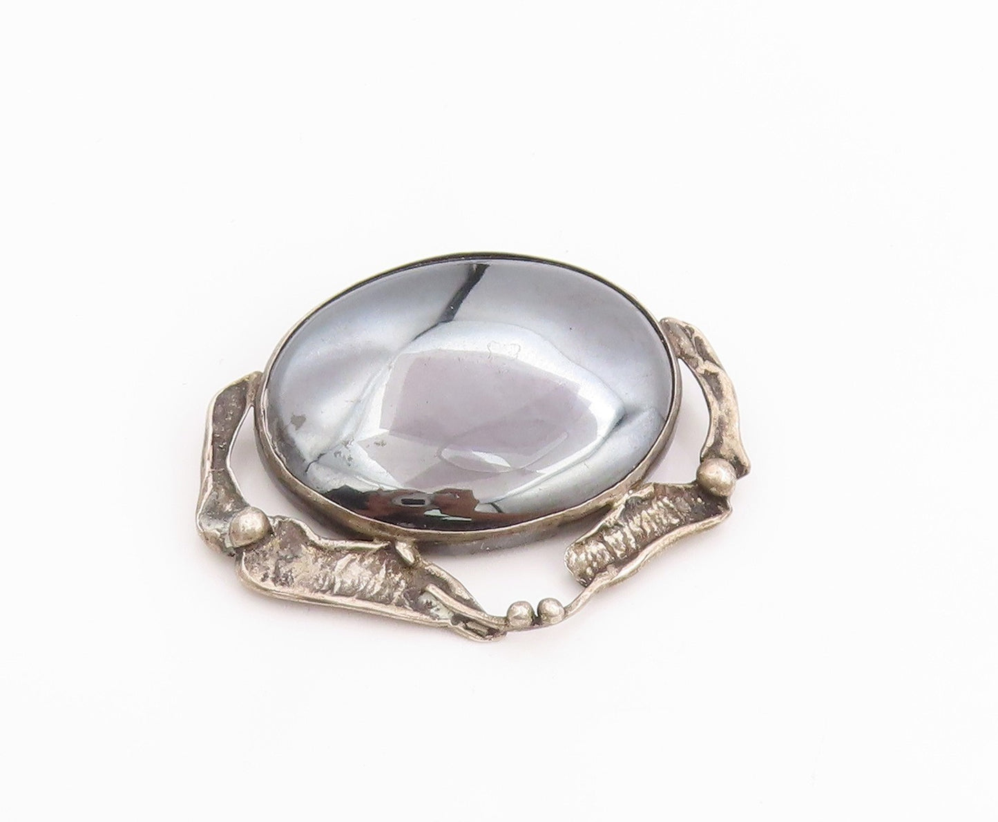 925 Sterling Silver Vintage Brooch Cabochon Hematite Pewter Dish Design  BP11850
