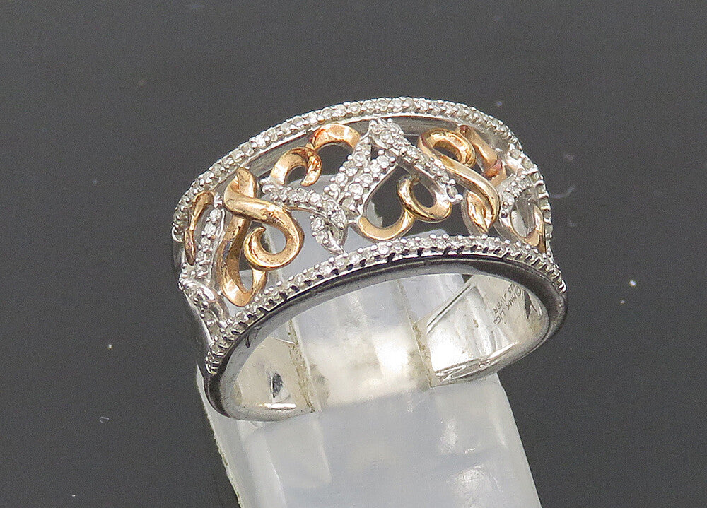 925 Silver  Vintage Shiny Genuine Diamonds Love Hearts Band Ring Sz 7  RG20863