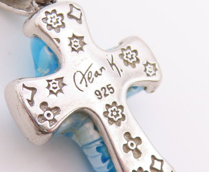 925 Sterling Silver Vintage Pendant JEAN K Murano Glass Religious Cross  PT26519