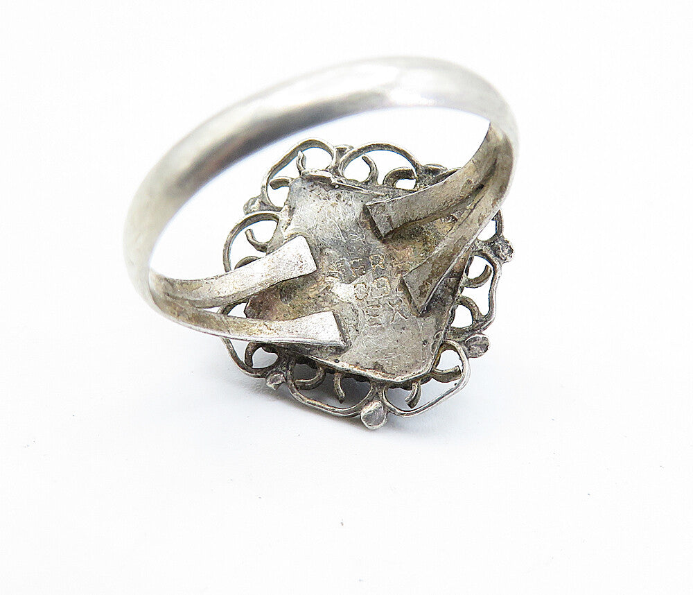 MEXICO 925 Silver  Vintage Blue Topaz Swirl Border Cocktail Ring Sz 5  RG4401