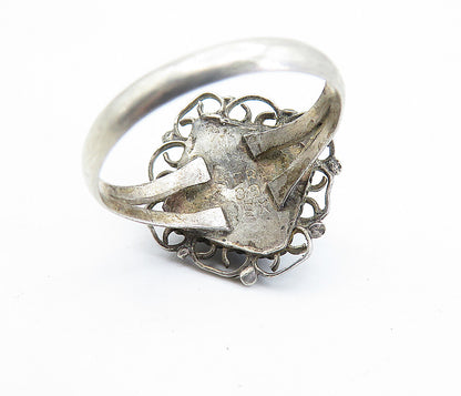 MEXICO 925 Silver  Vintage Blue Topaz Swirl Border Cocktail Ring Sz 5  RG4401