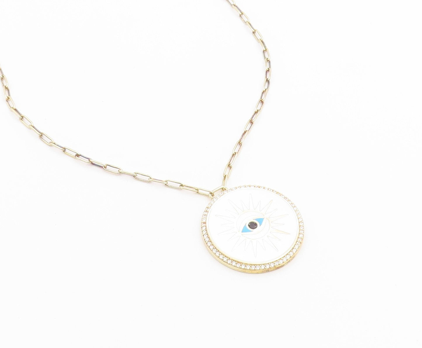 925 Sterling Silver Vintage Necklace Gold Plated CZ Enamel Evil Eye Medal NE4929
