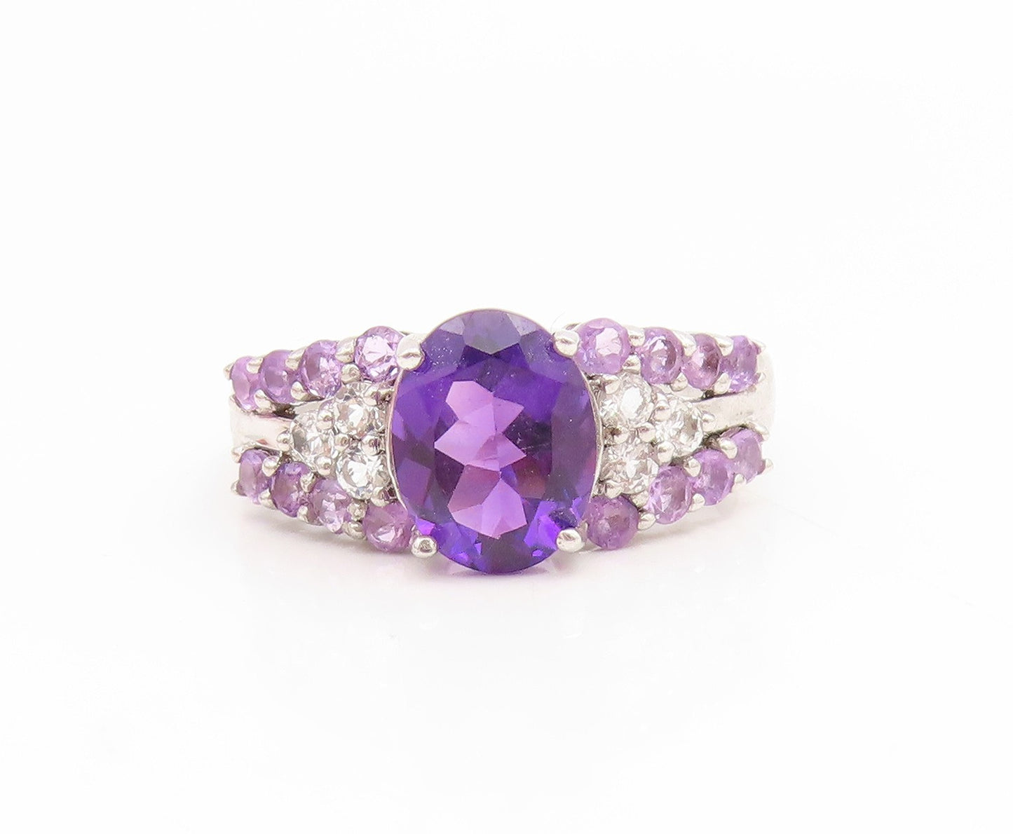 925 Sterling Silver Vintage Ring Oval Cut Amethyst Statement Band  Sz 8  RG35081