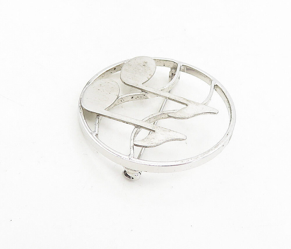 BEAU 925 Sterling Silver  Vintage Music Notes Round Open Brooch Pin  BP3197