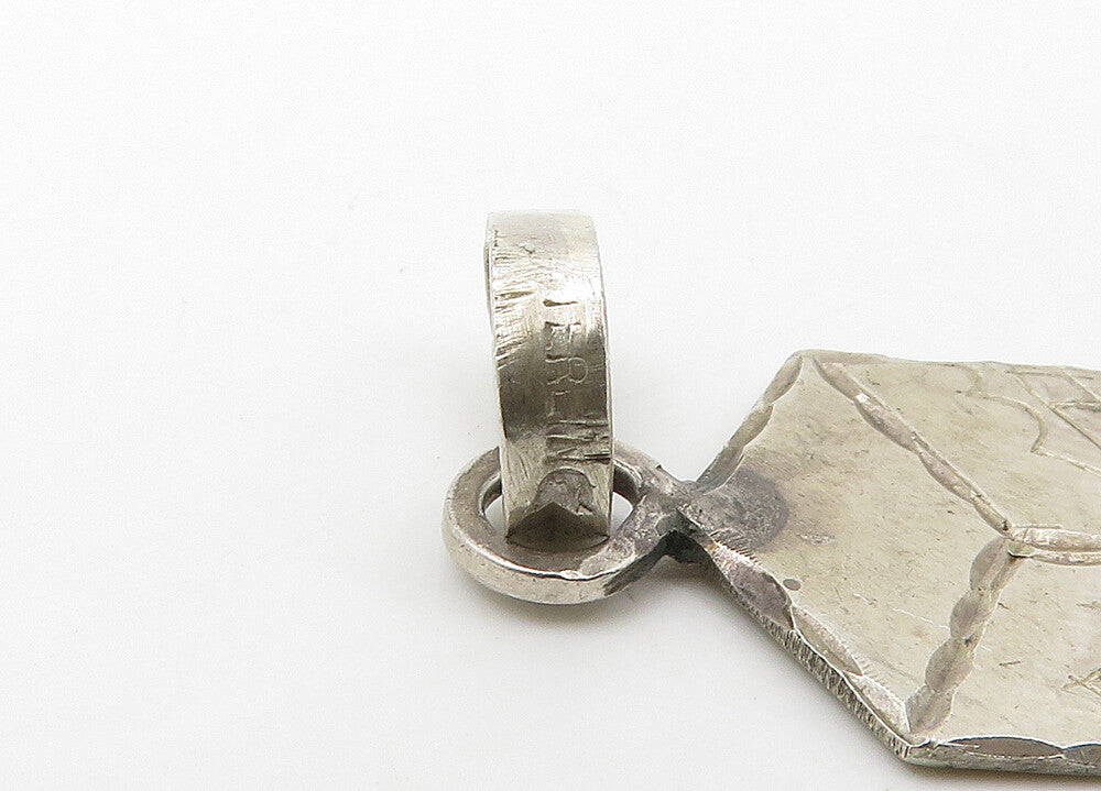 925 Sterling Silver  Vintage Brick Layer Cube Shiny Etched Pendant  PT17232