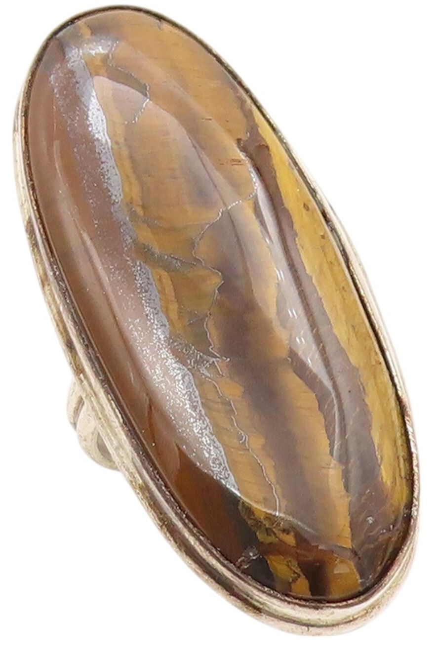 925 Sterling Silver Vintage Ring Modernist Large Oval Tiger's Eye Sz 9.5 RG31738