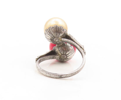 925 Sterling Silver Vintage Ring Designer Dark Tone Gemstone Pearl  Sz 5 RG31570