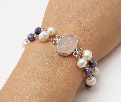 925 Sterling Silver  Rose Quartz & Freshwater Pearls Chain Bracelet  BT1165