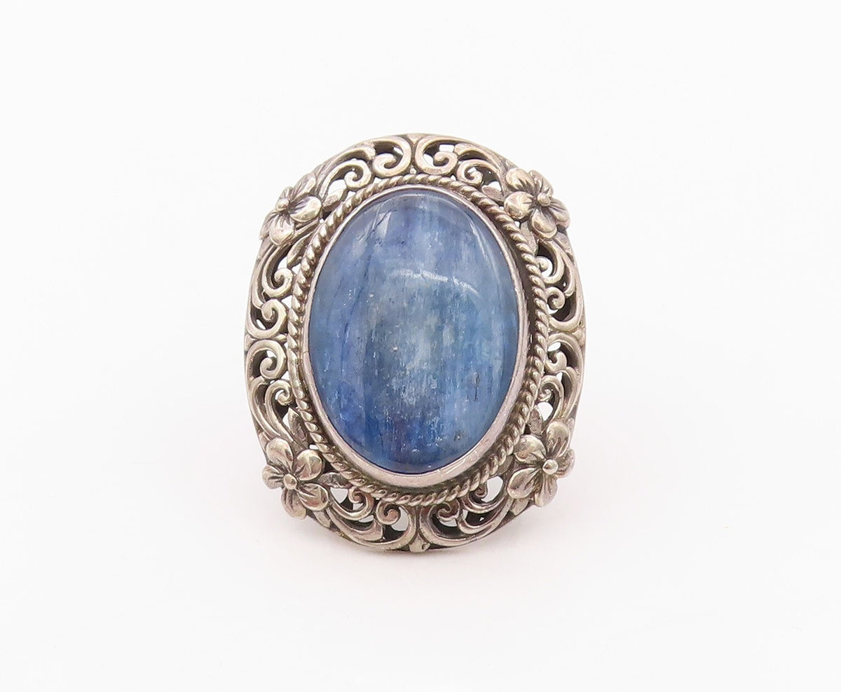 925 Sterling Silver Vintage Ring Oval Gemstone Floral Carved  SZ 6.5  RG32080