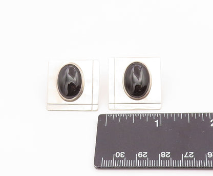 925 Sterling Silver Vintage Cabochon Black Onyx Square Stud Earrings  EG12372