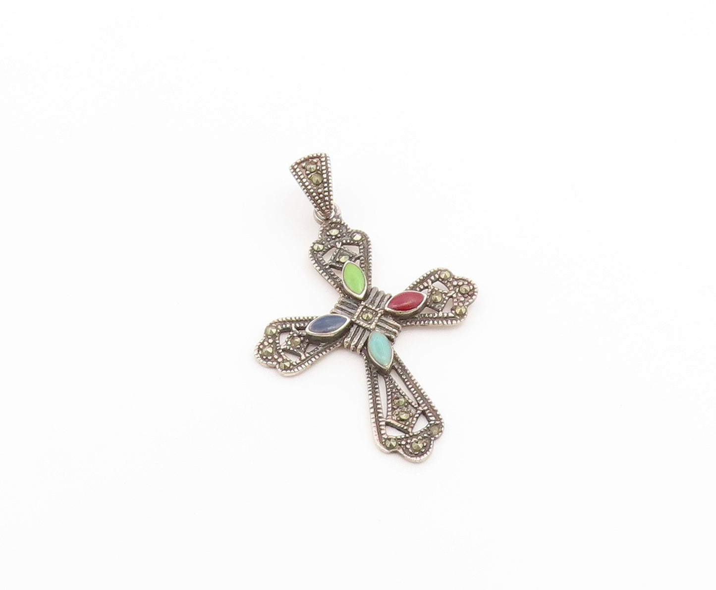 925 Sterling Silver Vintage Pendant Multi Gemstone Religious Cross Charm PT26562