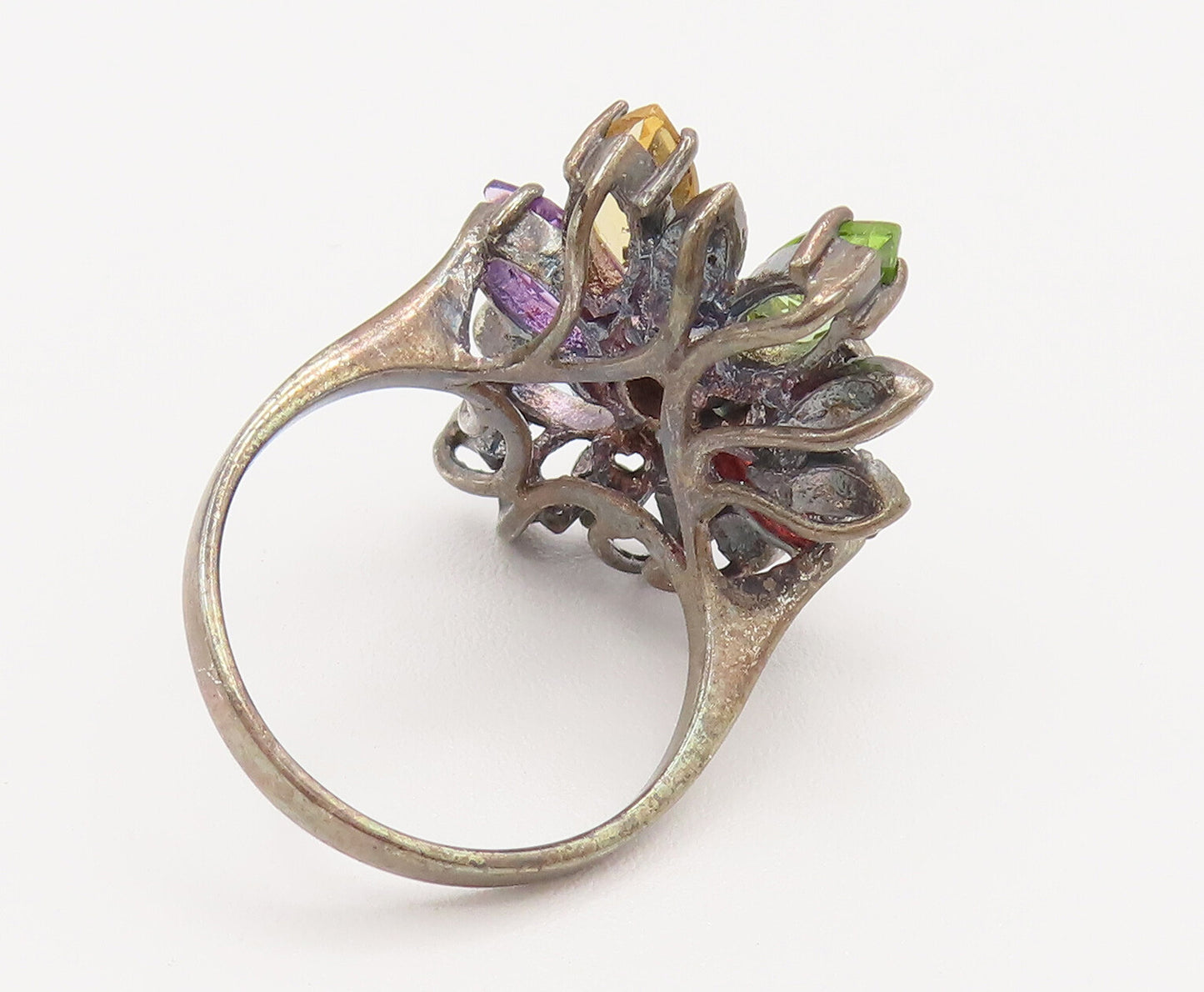 925 Silver  Vintage Amethyst Garnet & Gemstones Flower Ring Sz 7.25  RG26199