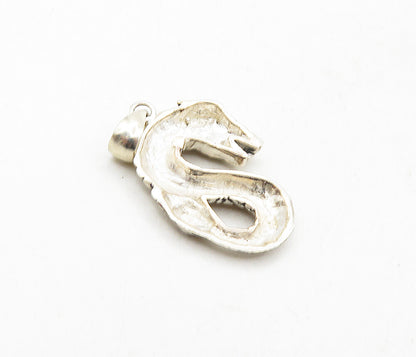 925 Sterling Silver  Vintage Shiny Etched Dragon Motif Drop Pendant  PT6883