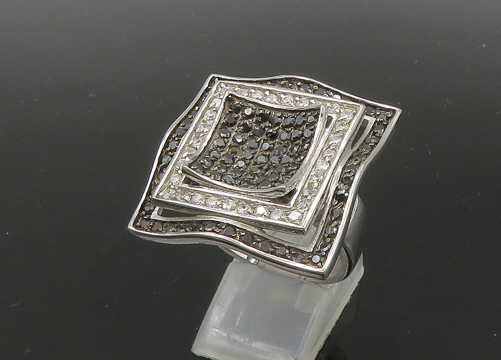 925 Silver  Vintage Cubic Zirconia & Black Spinel Cocktail Ring Sz 9  RG22746