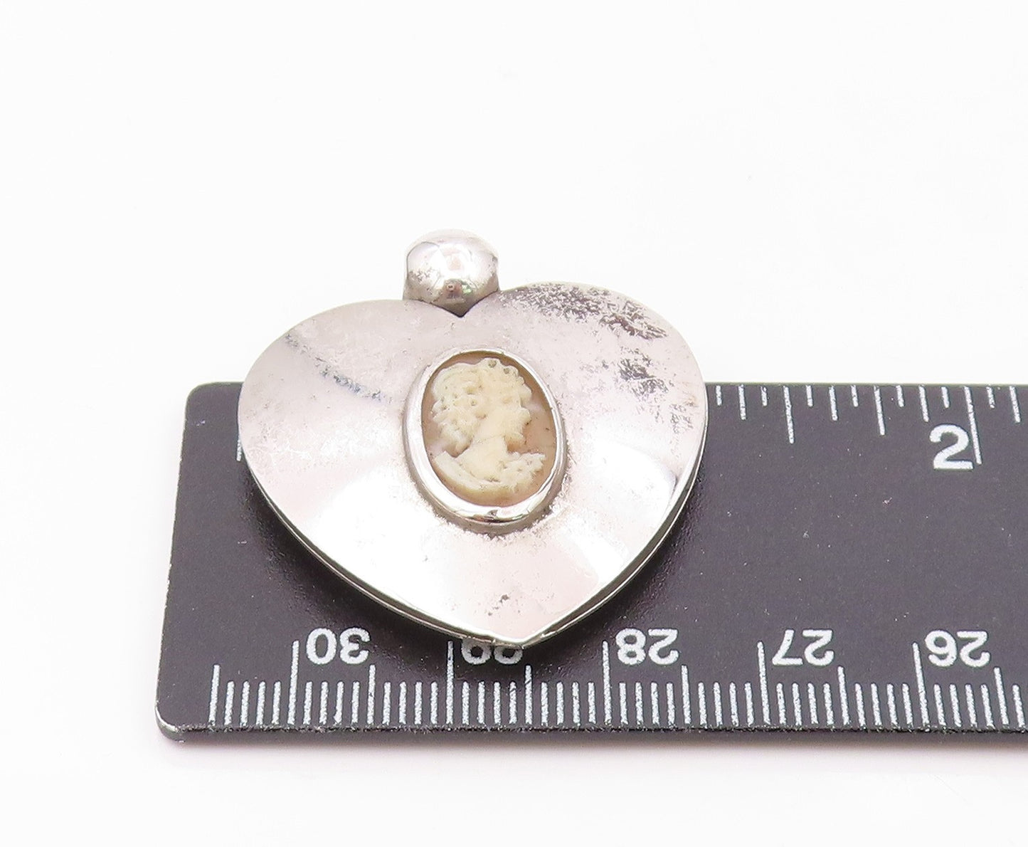 925 Silver  Vintage Polished Love Heart & Carved Lady Cameo Pendant  PT21441