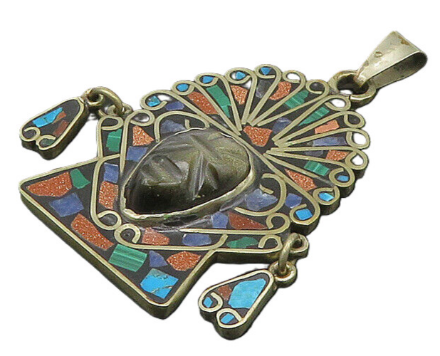 MEXICO 925 Silver Vintage Face Carved Obsidian & Multi Stone Pendant PT16768