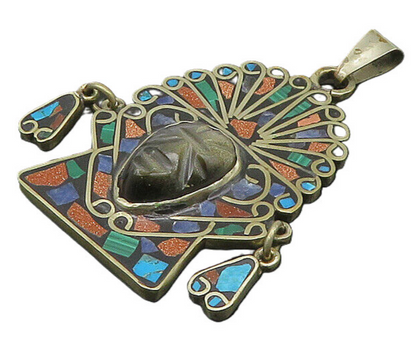 MEXICO 925 Silver Vintage Face Carved Obsidian & Multi Stone Pendant PT16768