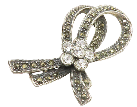 925 Silver  Vintage Cubic Zirconia & Marcasite Floral Ribbon Brooch Pin BP5118