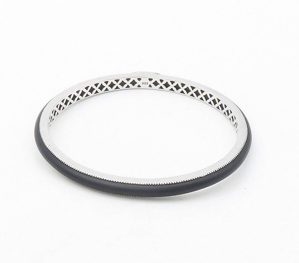 BELLE ETOILE 925 Sterling Silver Smooth Black Rubber Bangle Bracelet  BT6432