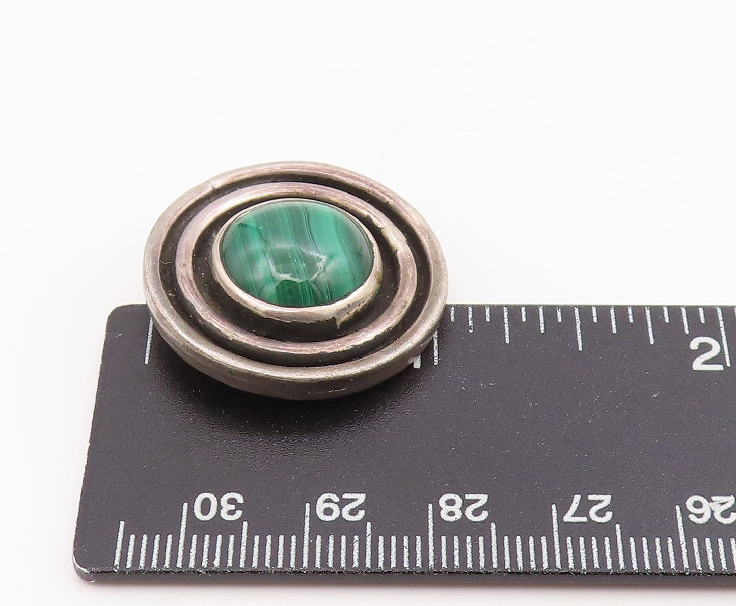 925 Sterling Silver Vintage Pendant Round Malachite Concentric Circles  PT25683