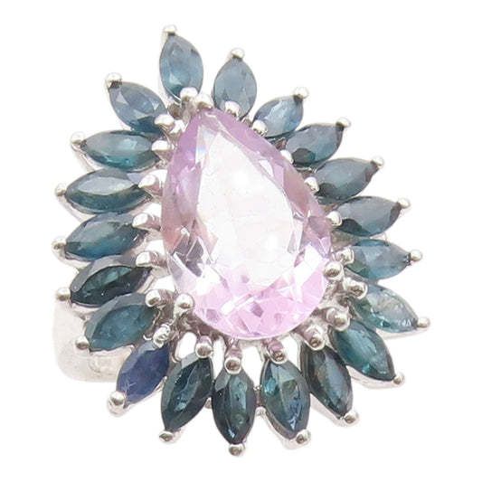 925 Sterling Silver Vintage Ring Pear Cut Amethyst & Sapphire Band Sz 7 RG36040