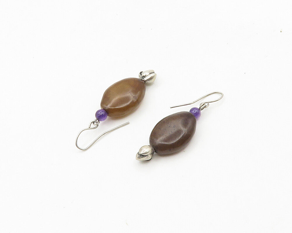 925 Sterling Silver  Vintage Agate & Amethyst Bead Dangle Earrings  EG9290