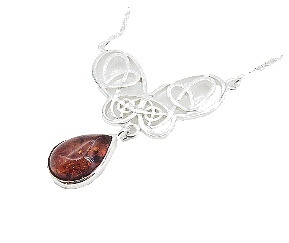 925 Sterling Silver  Cabochon Cut Amber Butterfly Thin Chain Necklace  NE1298
