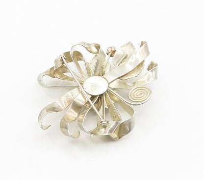DESIGNER 925 Sterling Silver  Vintage Shiny Floral Ribbon Brooch Pin  BP6202