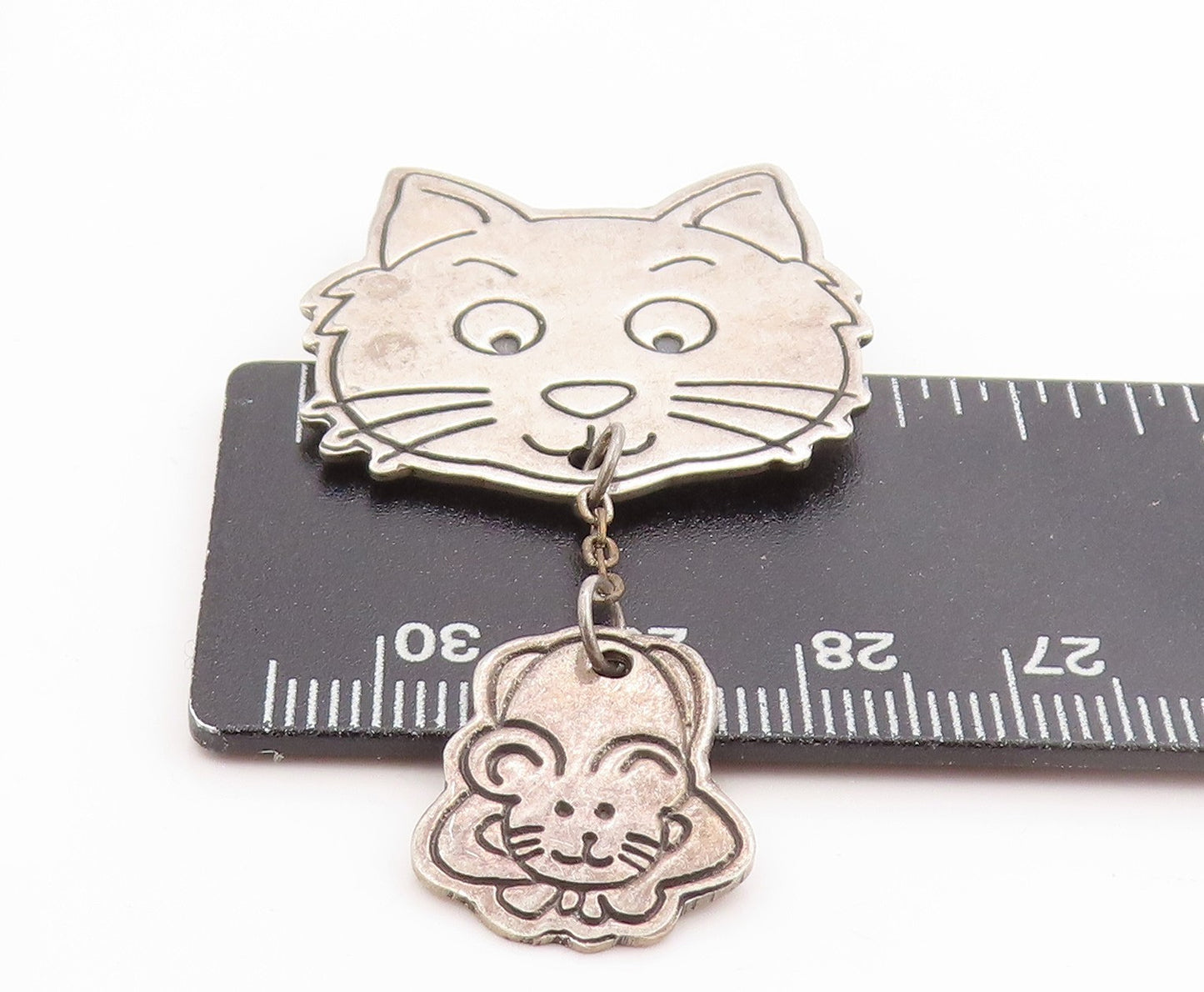 925 Sterling Silver Vintage Brooch MEXICO Frenemies Cat & Mouse Dangle  BP11856