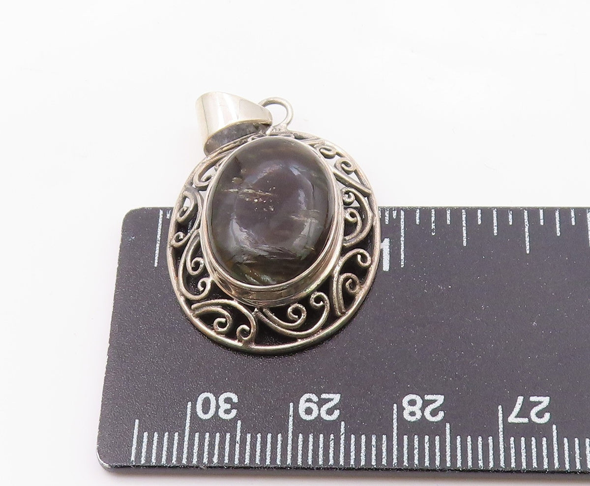 925 Sterling Silver  Vintage Cabochon Cut Obsidian Twist Pendant  PT14367