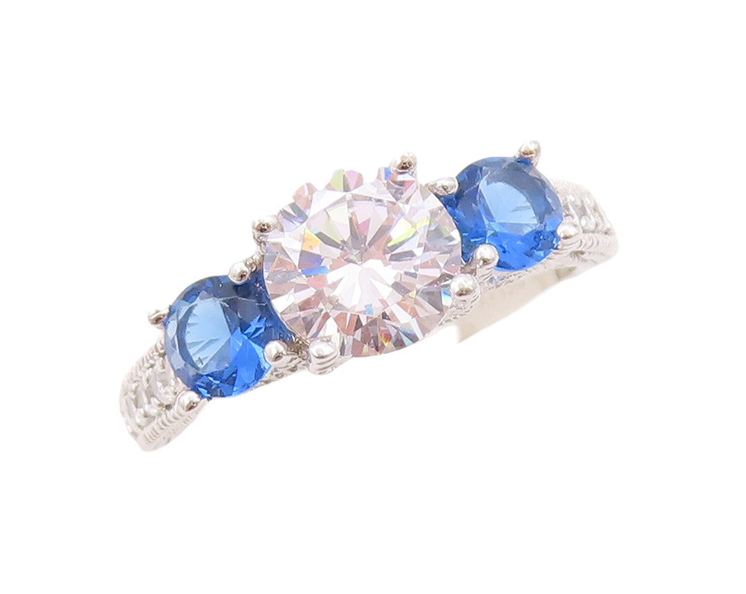 925 Sterling Silver Vintage Ring Round Sapphire & CZ Wedding Ring  Sz 7  RG29460