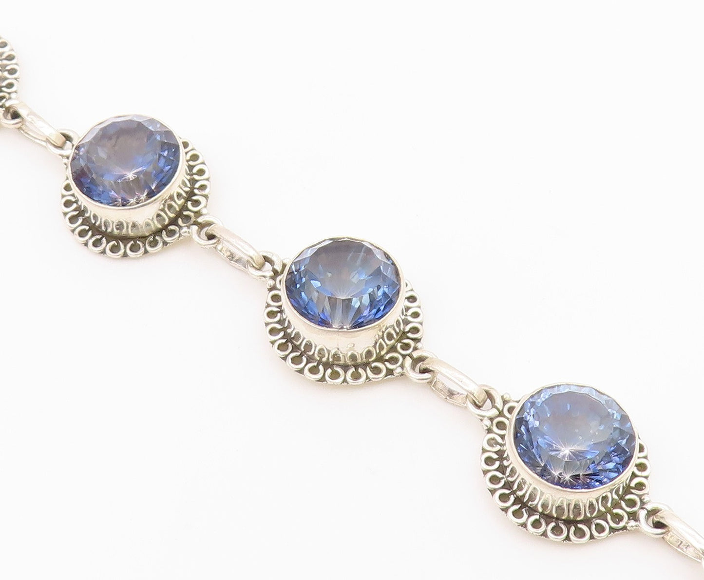 925 Sterling Silver Faceted Blue Topaz Shiny Floral Chain Bracelet BT3815