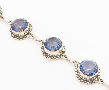 925 Sterling Silver Faceted Blue Topaz Shiny Floral Chain Bracelet BT3815