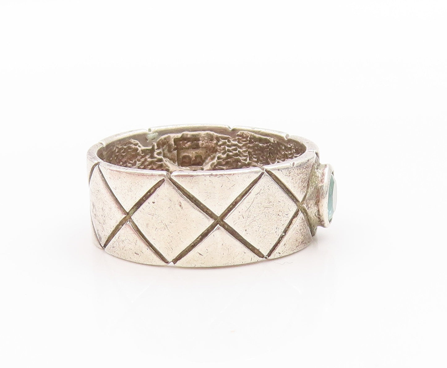 925 Sterling Silver Vintage Ring Topaz Quilted Raised Pattern Sz 7.5  RG33489