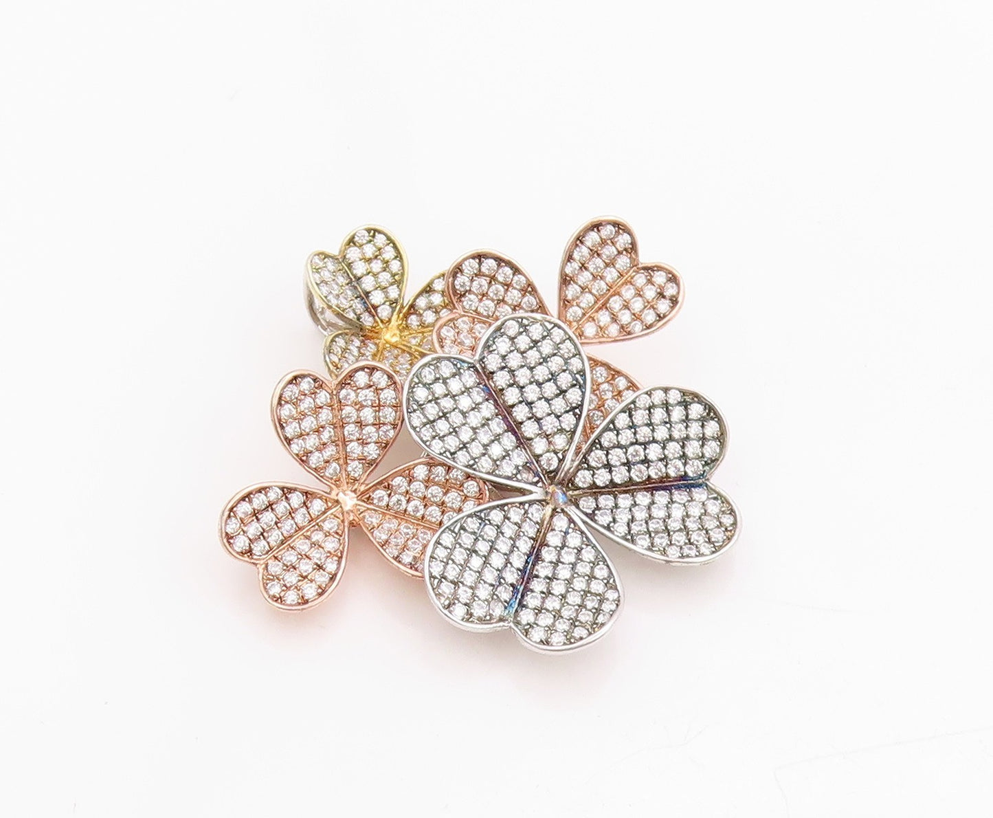 925 Sterling Silver Vintage Pendant 3 Tone Gold Plated CZ Flowers  PT24543