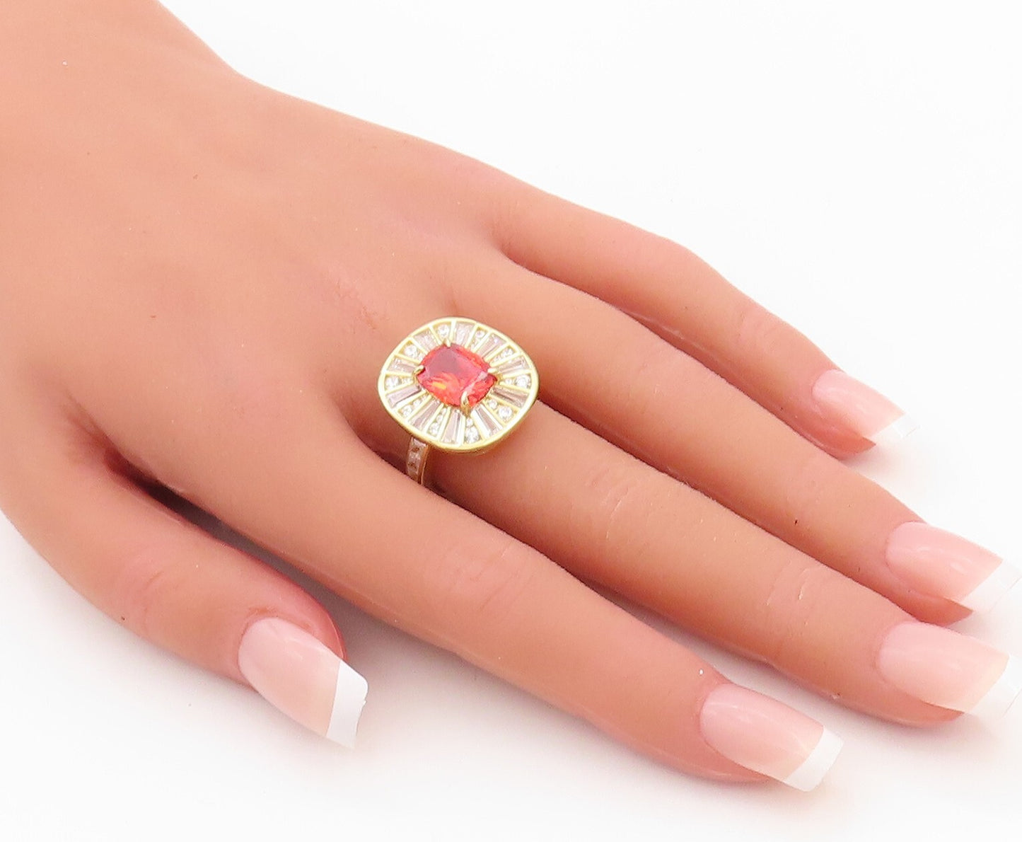 925 Sterling Silver Vintage Ring Gold Plated Red & White CZ Inlay  Sz 7  RG30243