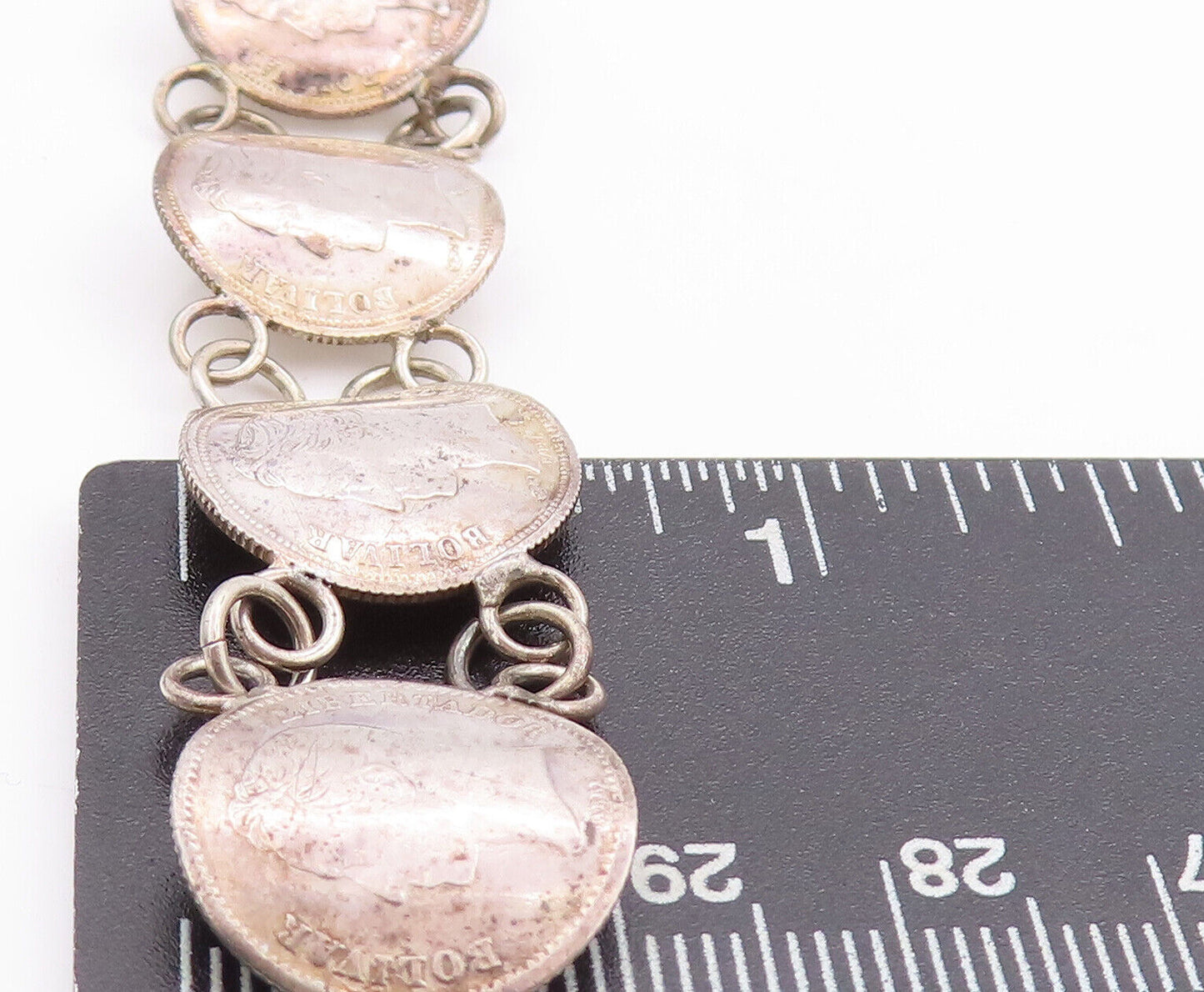 925 Sterling Silver Vintage Bracelet Antique Carved Coin Linked  BT10636