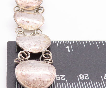 925 Sterling Silver Vintage Bracelet Antique Carved Coin Linked  BT10636