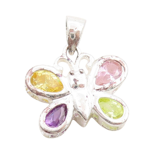 925 Sterling Silver Vintage Pendant Multicolor CZ Butterfly Charm  PT24651