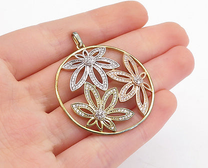 925 Sterling Silver  Topaz Three Tone Open Flowers Design Pendant  PT3804