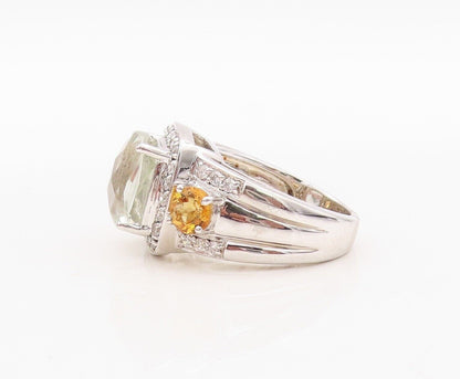 925 Sterling Silver Vintage Ring Green Amethyst CZ & Citrine  Sz 7.5  RG30015
