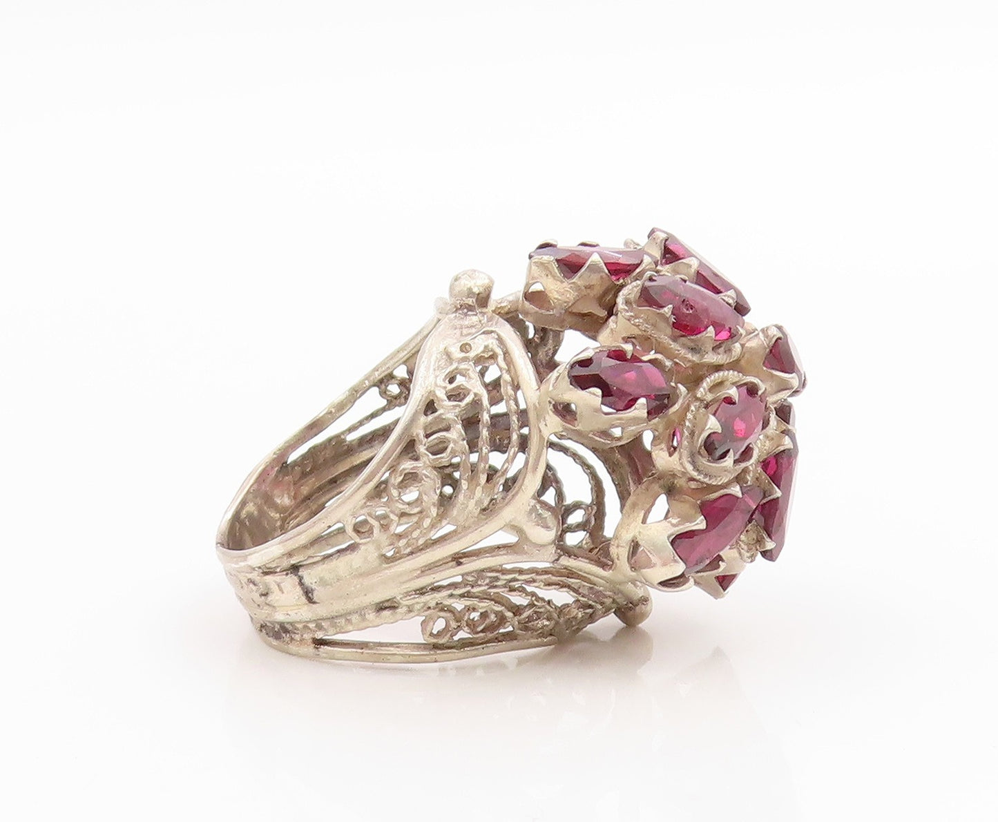 925 Sterling Silver Vintage Ring Amethyst Openwork Flower Band  Sz 8  RG35644